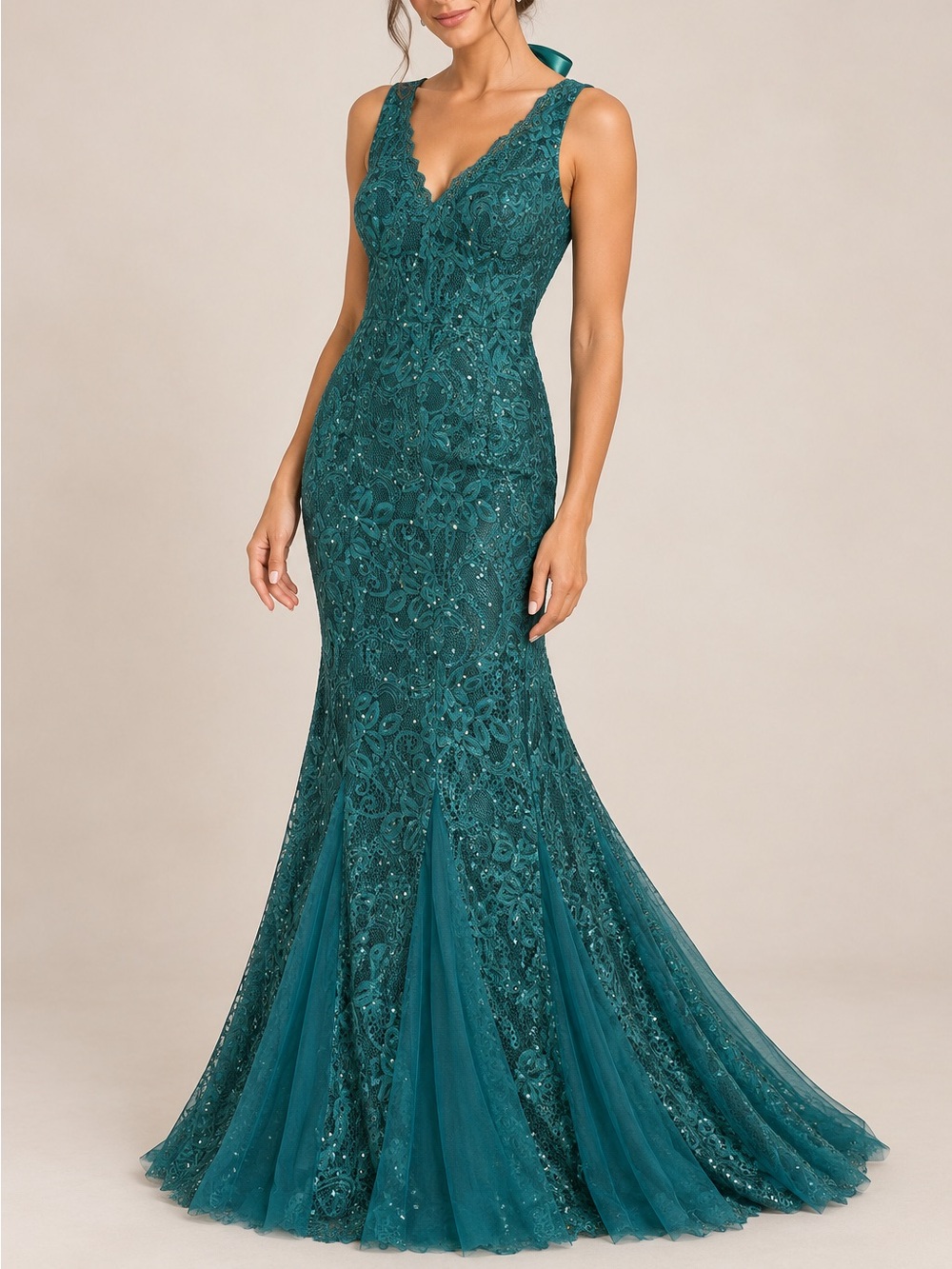 Embellished Emerald Lace Mermaid Formal Dress